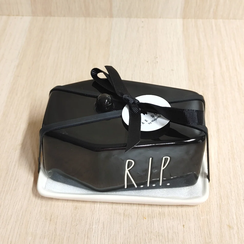 RAE DUNN Coffin Butter Dish R.I.P. Spooky Halloween Black Ceramic Kitchen Decor